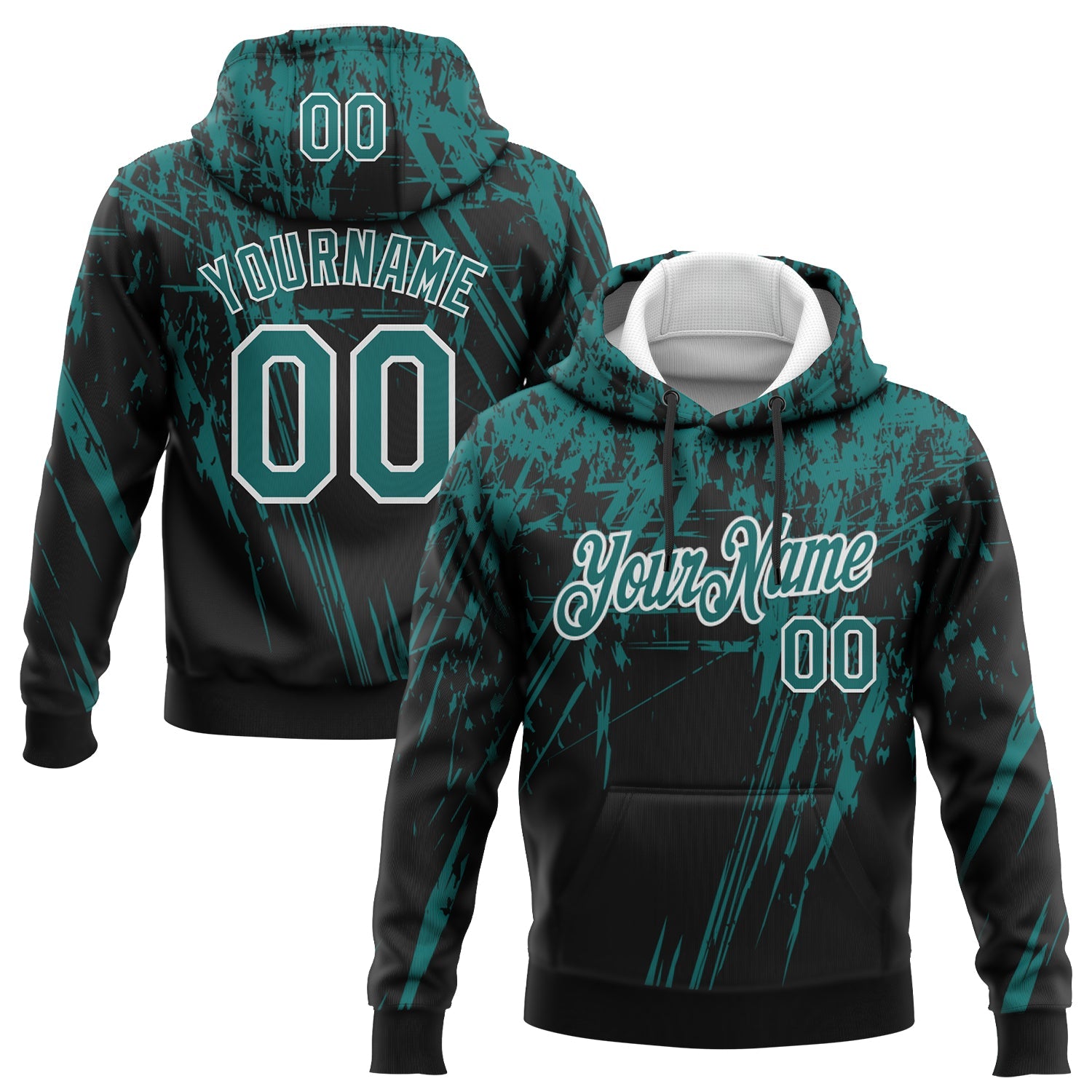 Custom Stitched Black Teal-White 3D Pattern Design Splash Grunge Art Sports Pullover Sweatshirt Hoodie
