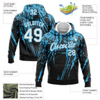Custom Stitched Black White-Sky Blue 3D Pattern Design Splash Grunge Art Sports Pullover Sweatshirt Hoodie