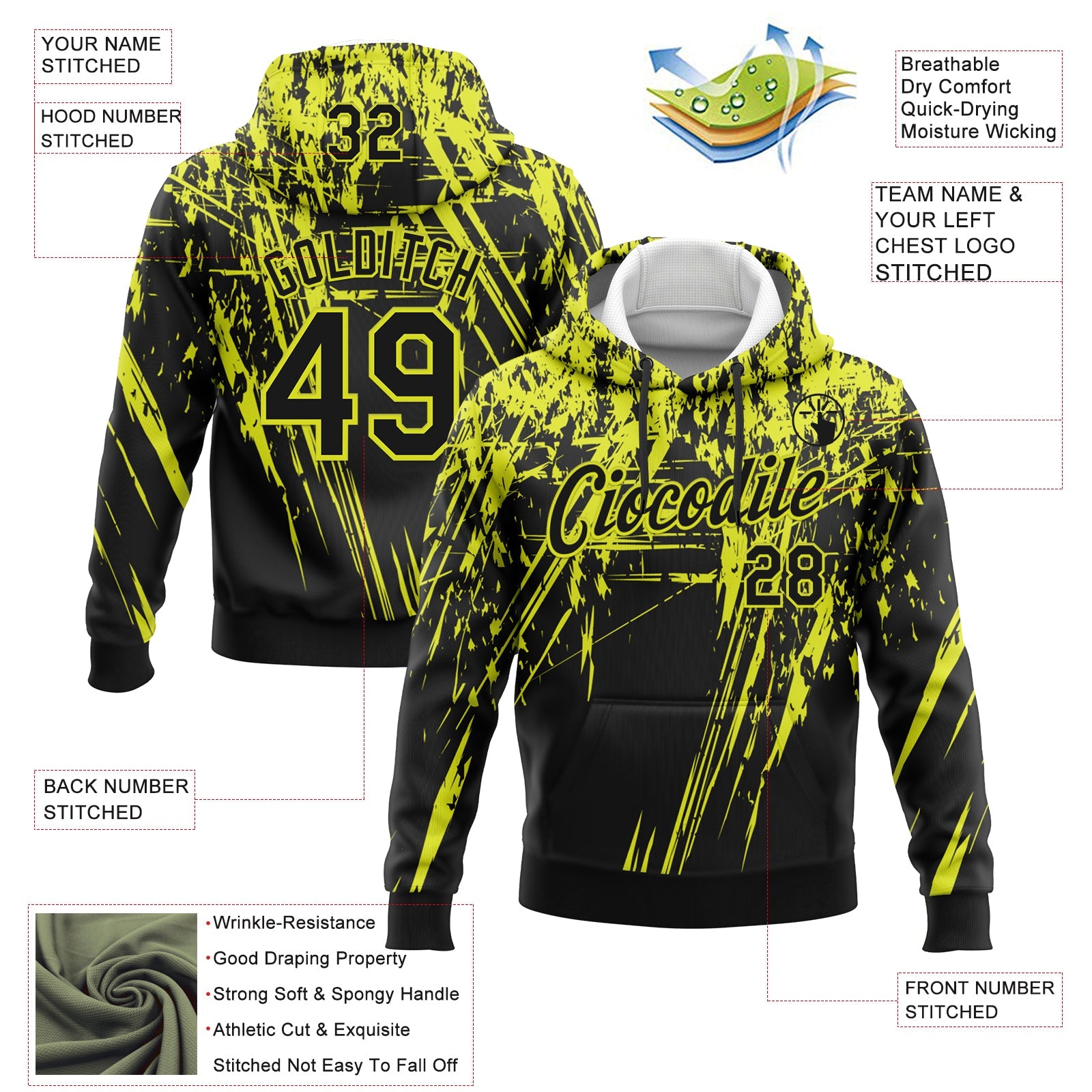 Custom Stitched Black Neon Yellow 3D Pattern Design Splash Grunge Art Sports Pullover Sweatshirt Hoodie