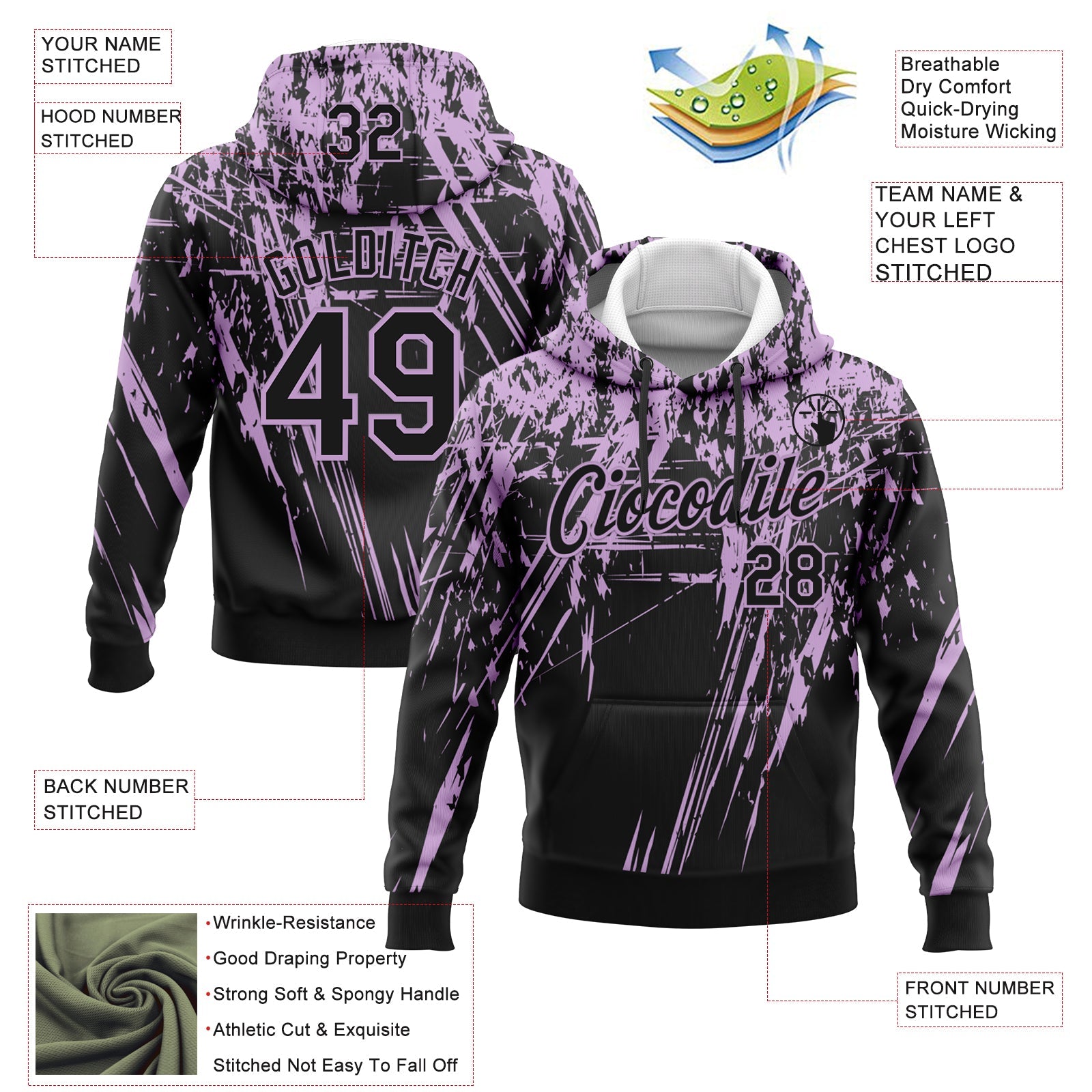 Custom Stitched Black Light Purple 3D Pattern Design Splash Grunge Art Sports Pullover Sweatshirt Hoodie