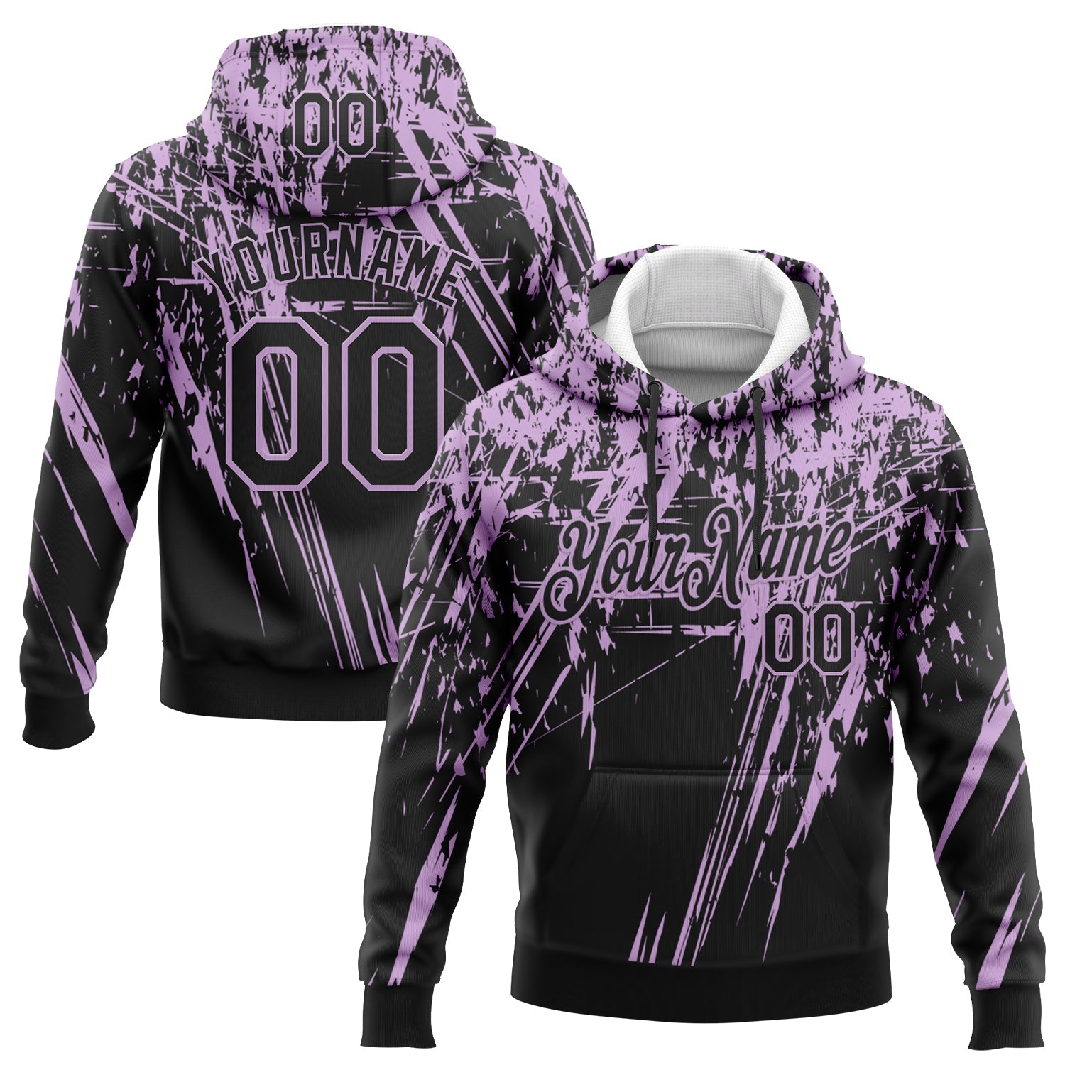 Custom Stitched Black Light Purple 3D Pattern Design Splash Grunge Art Sports Pullover Sweatshirt Hoodie