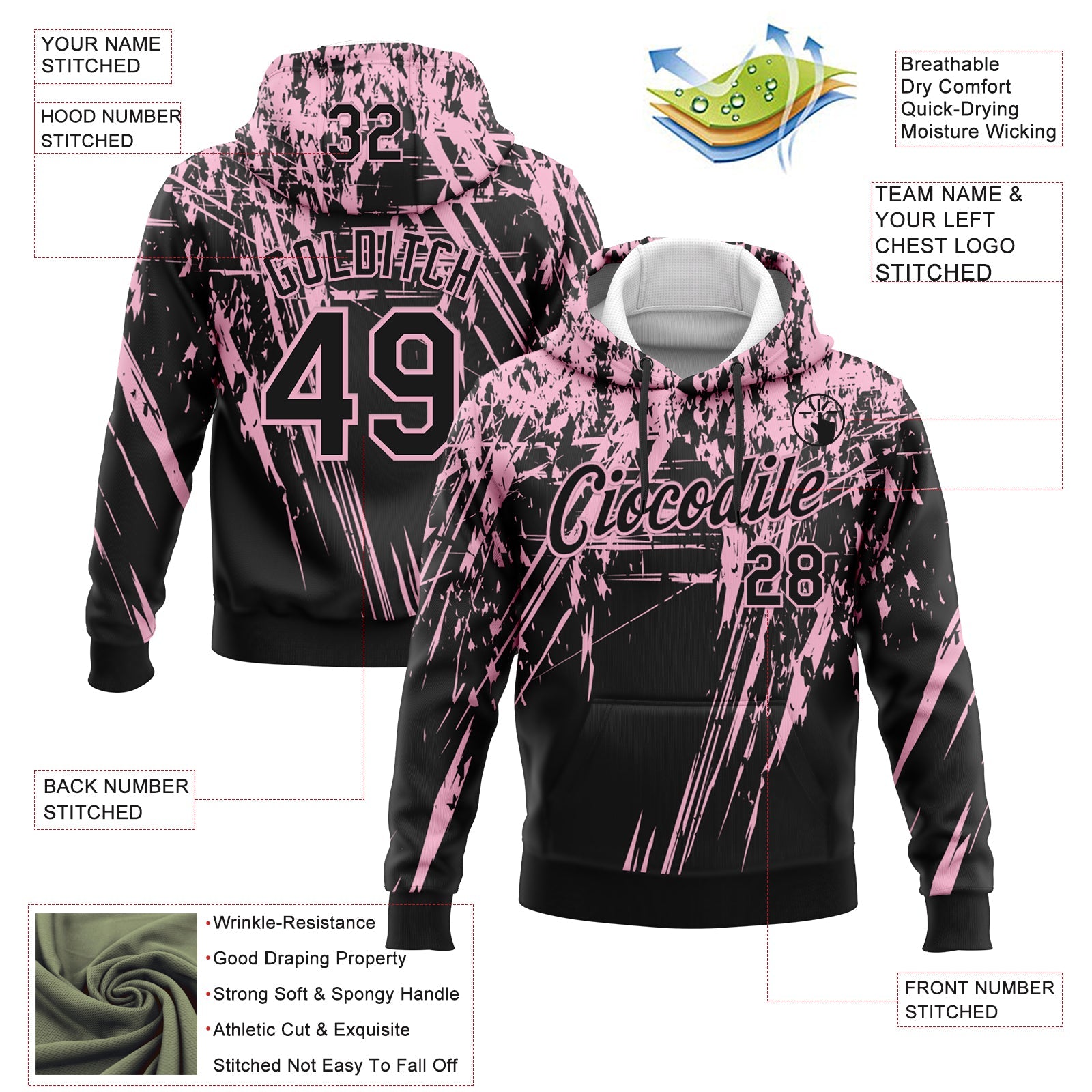 Custom Stitched Black Light Pink 3D Pattern Design Splash Grunge Art Sports Pullover Sweatshirt Hoodie
