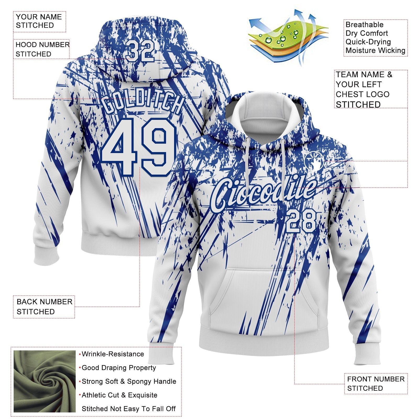 Custom Stitched White Royal 3D Pattern Design Splash Grunge Art Sports Pullover Sweatshirt Hoodie