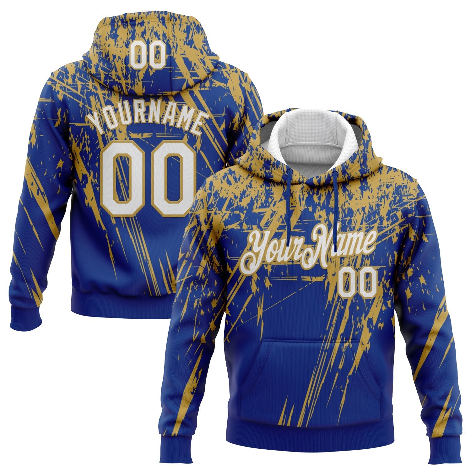 Custom Stitched Royal White-Old Gold 3D Pattern Design Splash Grunge Art Sports Pullover Sweatshirt Hoodie