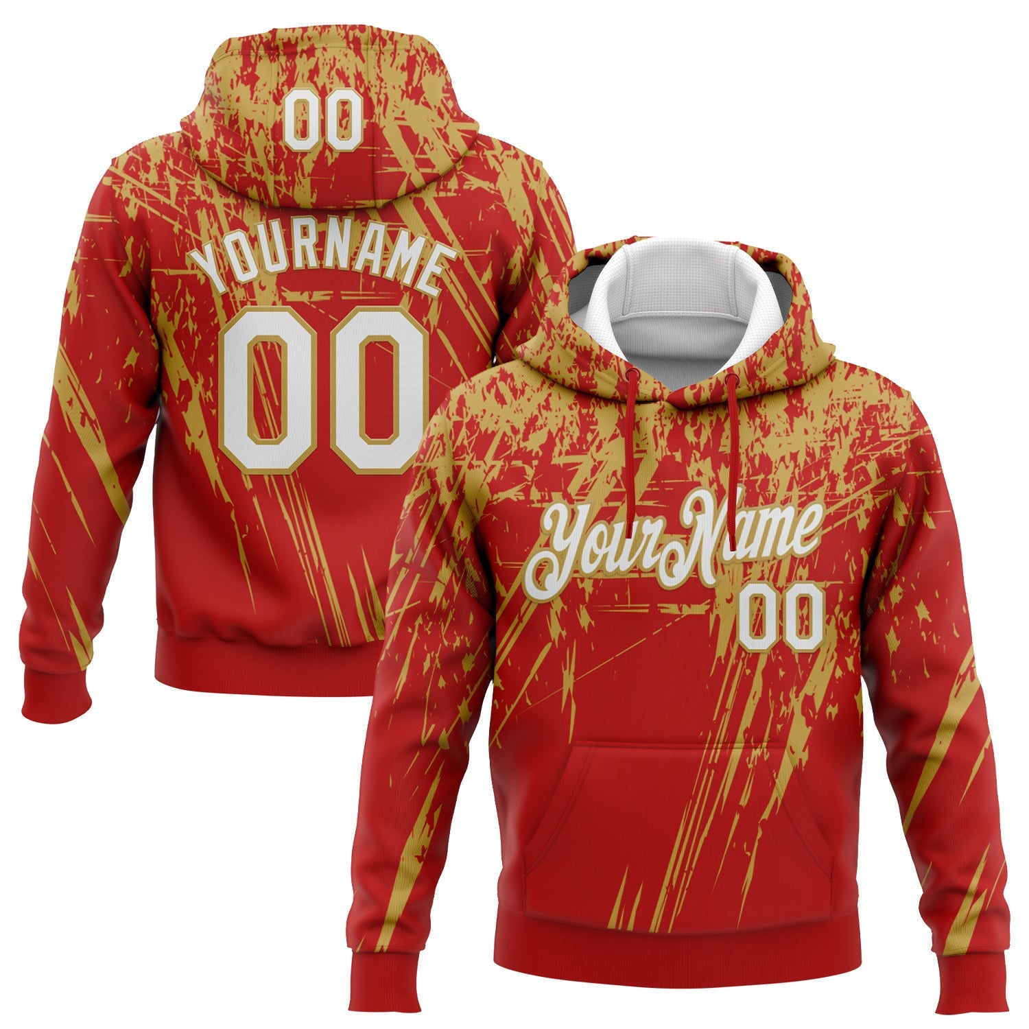 Custom Stitched Red White-Old Gold 3D Pattern Design Splash Grunge Art Sports Pullover Sweatshirt Hoodie