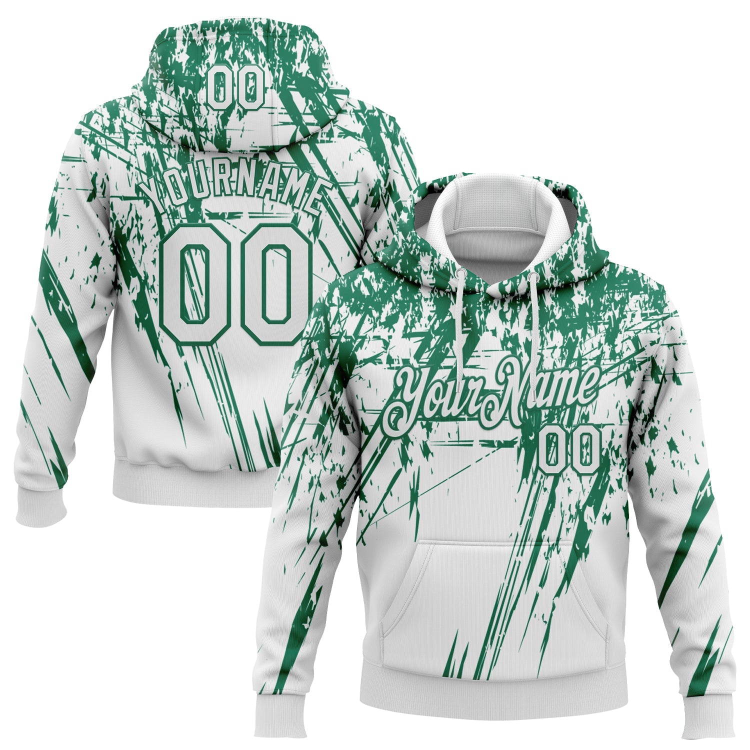 Custom Stitched White Kelly Green 3D Pattern Design Splash Grunge Art Sports Pullover Sweatshirt Hoodie