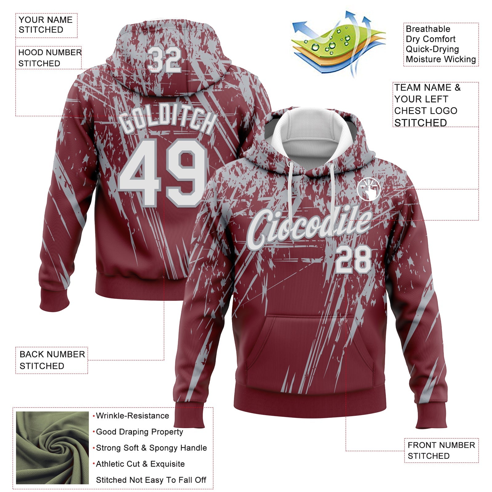 Custom Stitched Burgundy White-Gray 3D Pattern Design Splash Grunge Art Sports Pullover Sweatshirt Hoodie