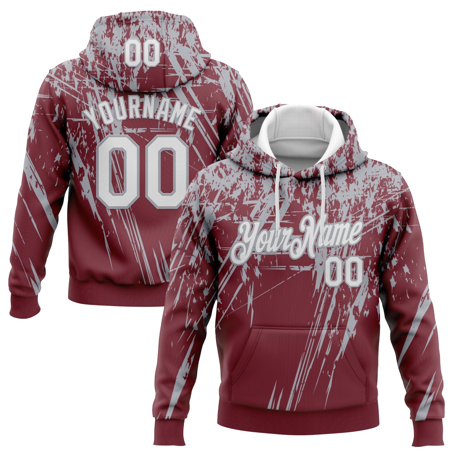 Custom Stitched Burgundy White-Gray 3D Pattern Design Splash Grunge Art Sports Pullover Sweatshirt Hoodie