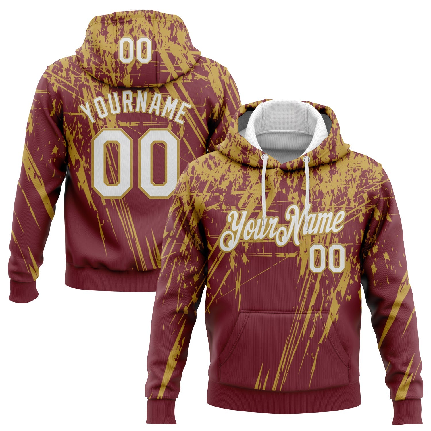 Custom Stitched Burgundy White-Old Gold 3D Pattern Design Splash Grunge Art Sports Pullover Sweatshirt Hoodie