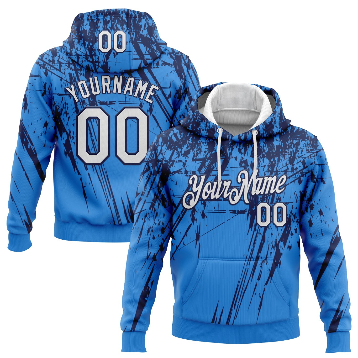 Custom Stitched Powder Blue White-Navy 3D Pattern Design Splash Grunge Art Sports Pullover Sweatshirt Hoodie