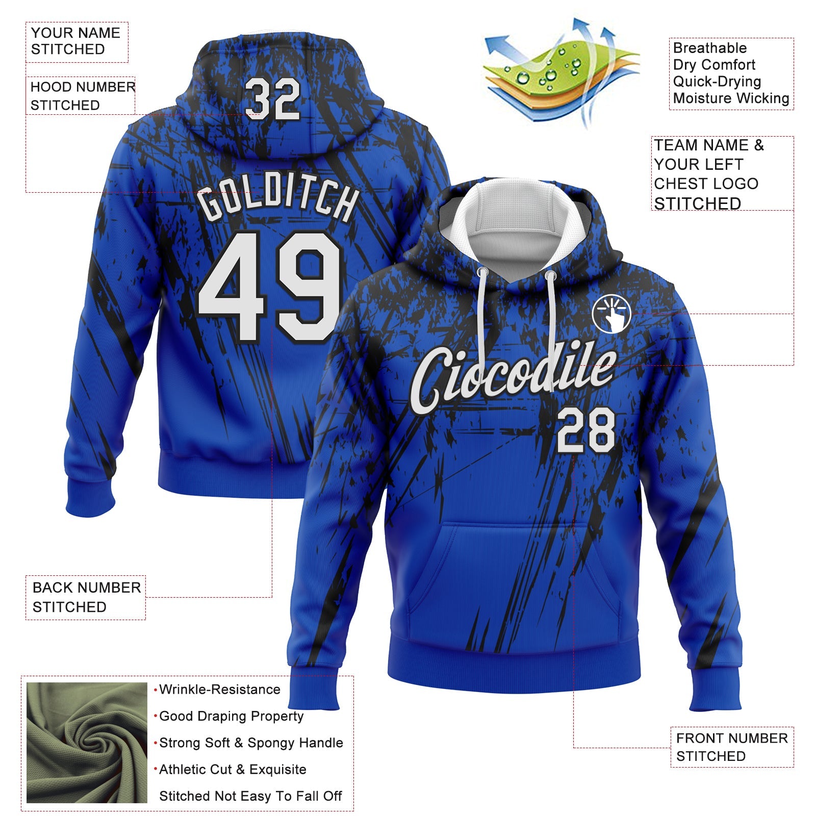 Custom Stitched Thunder Blue White-Black 3D Pattern Design Splash Grunge Art Sports Pullover Sweatshirt Hoodie