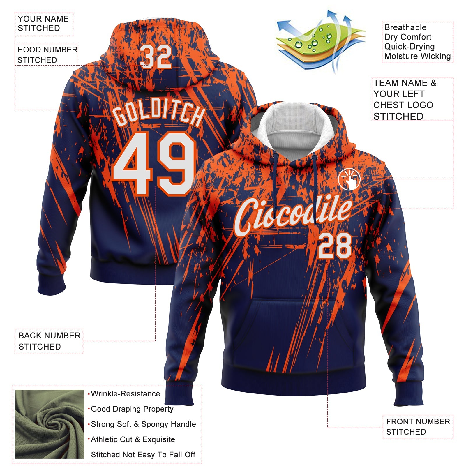 Custom Stitched Navy White-Orange 3D Pattern Design Splash Grunge Art Sports Pullover Sweatshirt Hoodie
