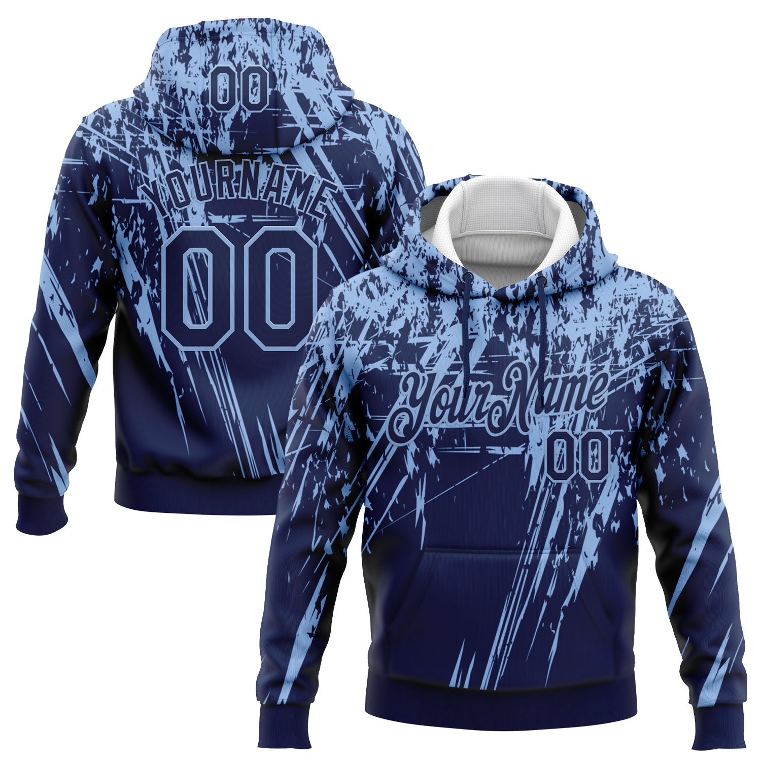 Custom Stitched Navy Light Blue 3D Pattern Design Splash Grunge Art Sports Pullover Sweatshirt Hoodie