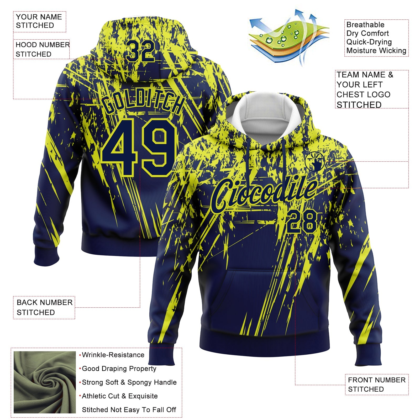 Custom Stitched Navy Neon Yellow 3D Pattern Design Splash Grunge Art Sports Pullover Sweatshirt Hoodie