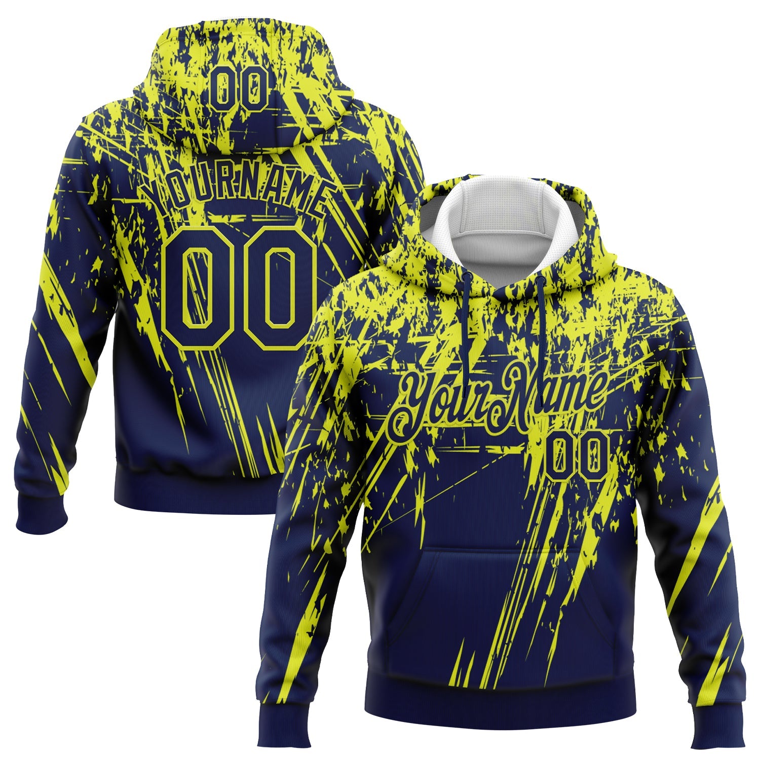 Custom Stitched Navy Neon Yellow 3D Pattern Design Splash Grunge Art Sports Pullover Sweatshirt Hoodie