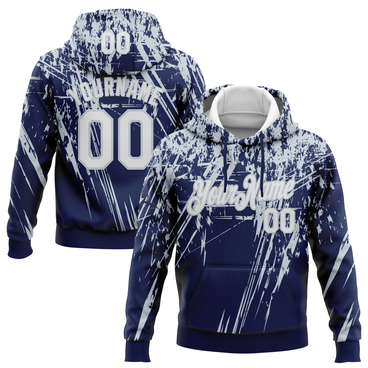 Custom Stitched Navy White-Silver 3D Pattern Design Splash Grunge Art Sports Pullover Sweatshirt Hoodie