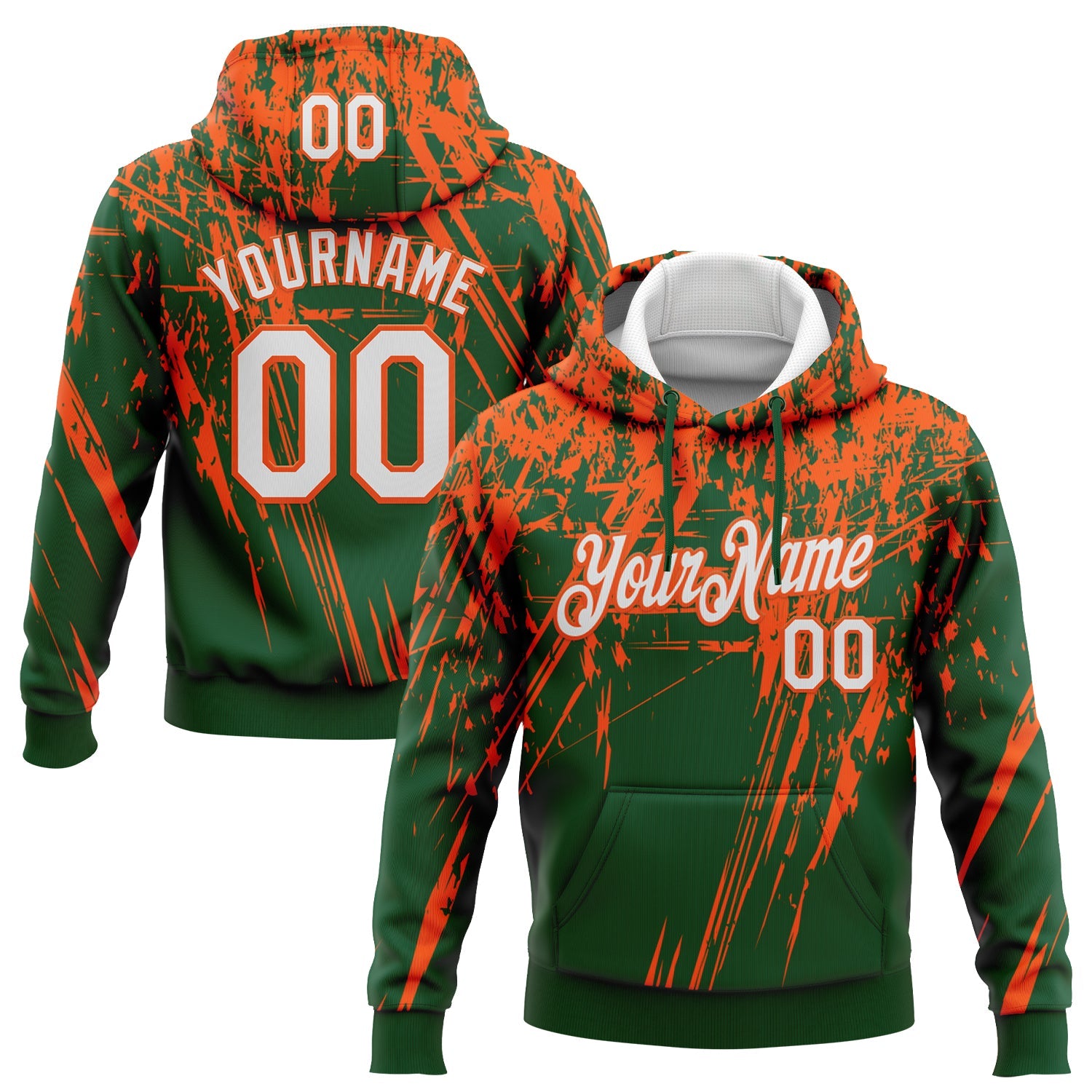 Custom Stitched Green White-Orange 3D Pattern Design Splash Grunge Art Sports Pullover Sweatshirt Hoodie