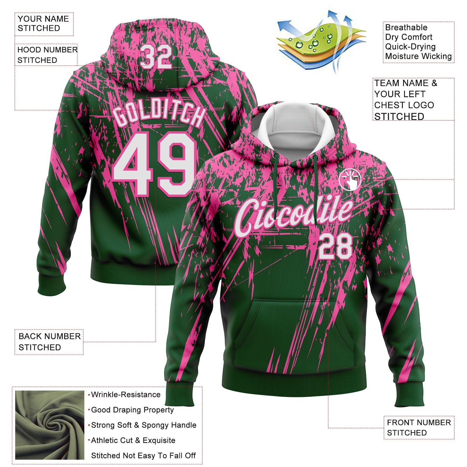 Custom Stitched Green White-Pink 3D Pattern Design Splash Grunge Art Sports Pullover Sweatshirt Hoodie