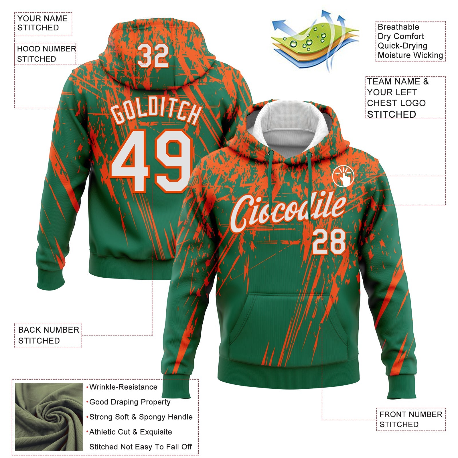 Custom Stitched Kelly Green White-Orange 3D Pattern Design Splash Grunge Art Sports Pullover Sweatshirt Hoodie