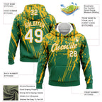 Custom Stitched Kelly Green White-Gold 3D Pattern Design Splash Grunge Art Sports Pullover Sweatshirt Hoodie