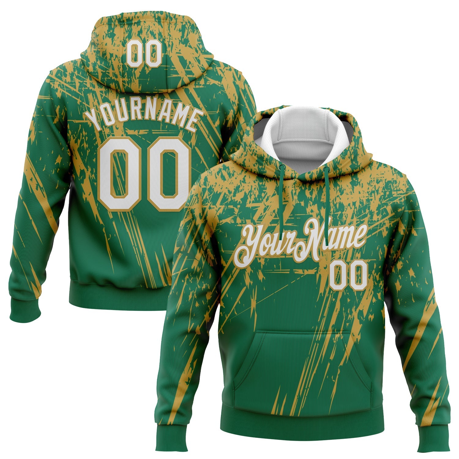 Custom Stitched Kelly Green White-Old Gold 3D Pattern Design Splash Grunge Art Sports Pullover Sweatshirt Hoodie