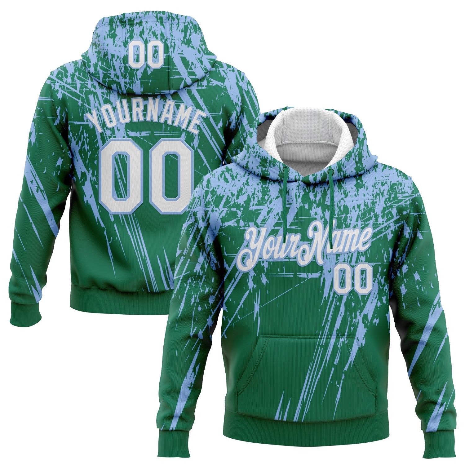 Custom Stitched Kelly Green White-Light Blue 3D Pattern Design Splash Grunge Art Sports Pullover Sweatshirt Hoodie