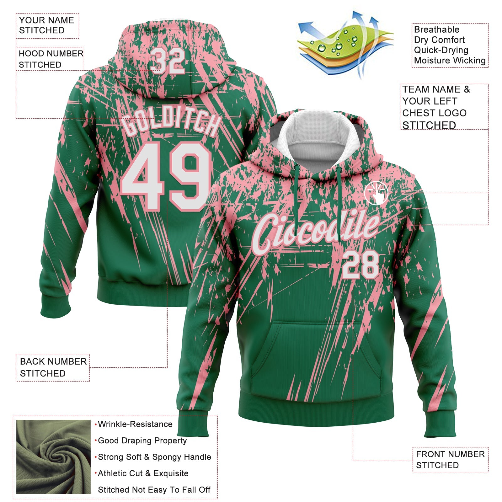 Custom Stitched Kelly Green White-Medium Pink 3D Pattern Design Splash Grunge Art Sports Pullover Sweatshirt Hoodie