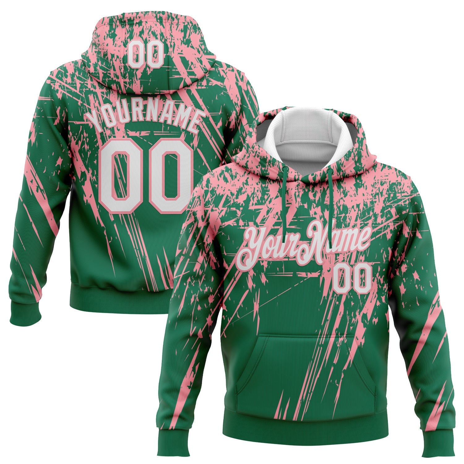 Custom Stitched Kelly Green White-Medium Pink 3D Pattern Design Splash Grunge Art Sports Pullover Sweatshirt Hoodie