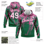 Custom Stitched Kelly Green White-Pink 3D Pattern Design Splash Grunge Art Sports Pullover Sweatshirt Hoodie