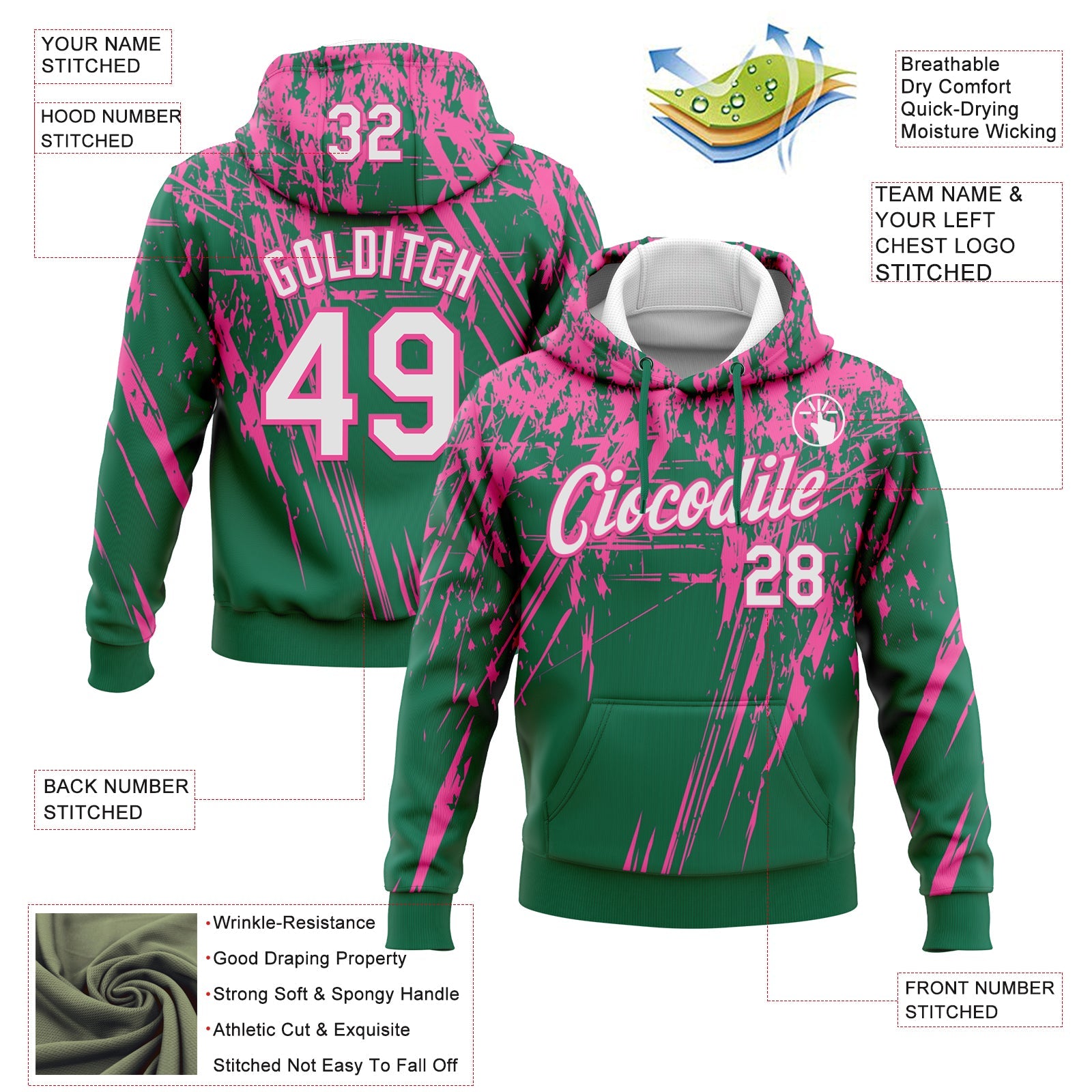 Custom Stitched Kelly Green White-Pink 3D Pattern Design Splash Grunge Art Sports Pullover Sweatshirt Hoodie