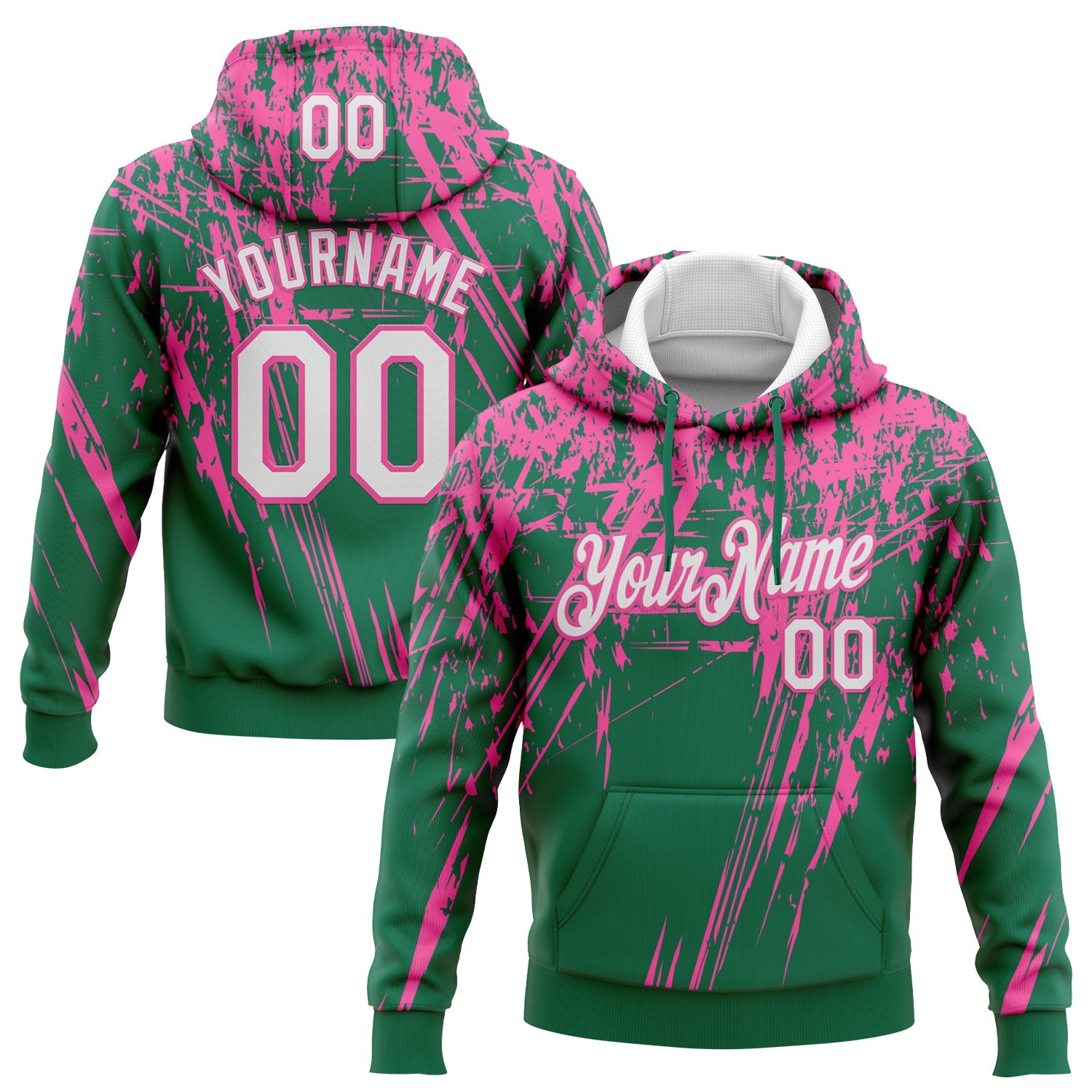 Custom Stitched Kelly Green White-Pink 3D Pattern Design Splash Grunge Art Sports Pullover Sweatshirt Hoodie