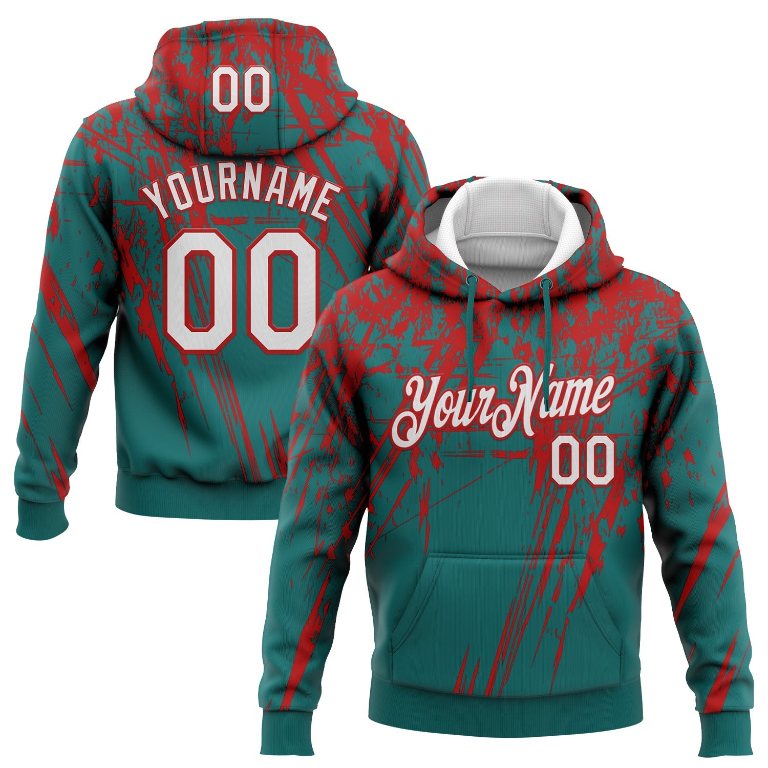 Custom Stitched Teal White-Red 3D Pattern Design Splash Grunge Art Sports Pullover Sweatshirt Hoodie