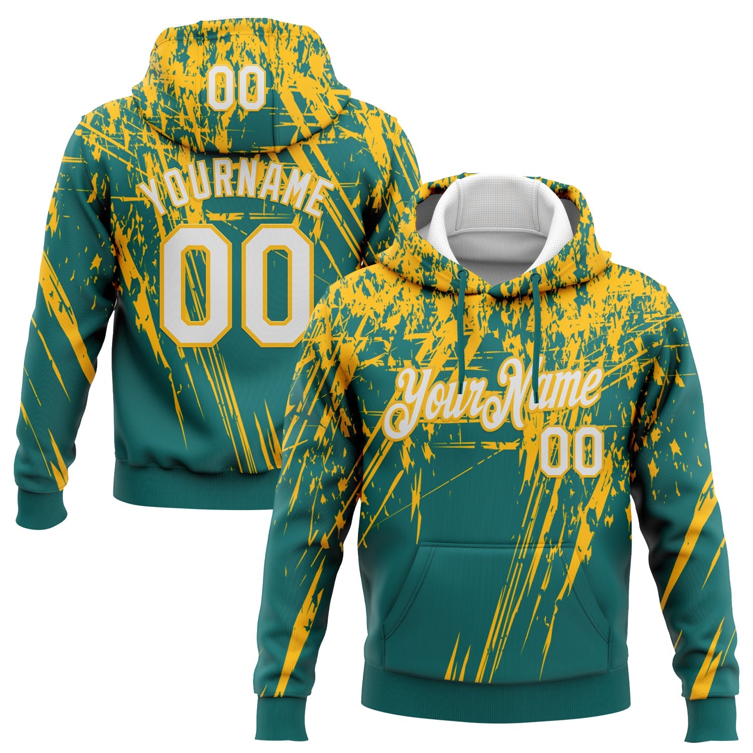 Custom Stitched Teal White-Gold 3D Pattern Design Splash Grunge Art Sports Pullover Sweatshirt Hoodie