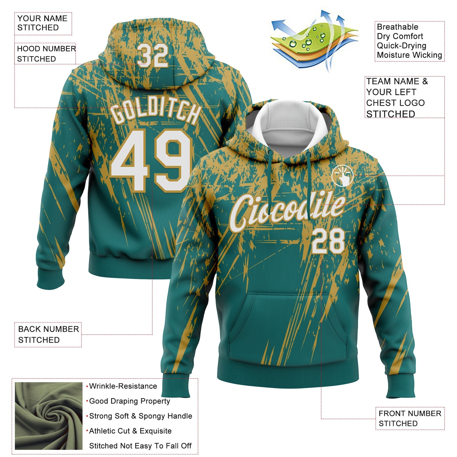 Custom Stitched Teal White-Old Gold 3D Pattern Design Splash Grunge Art Sports Pullover Sweatshirt Hoodie