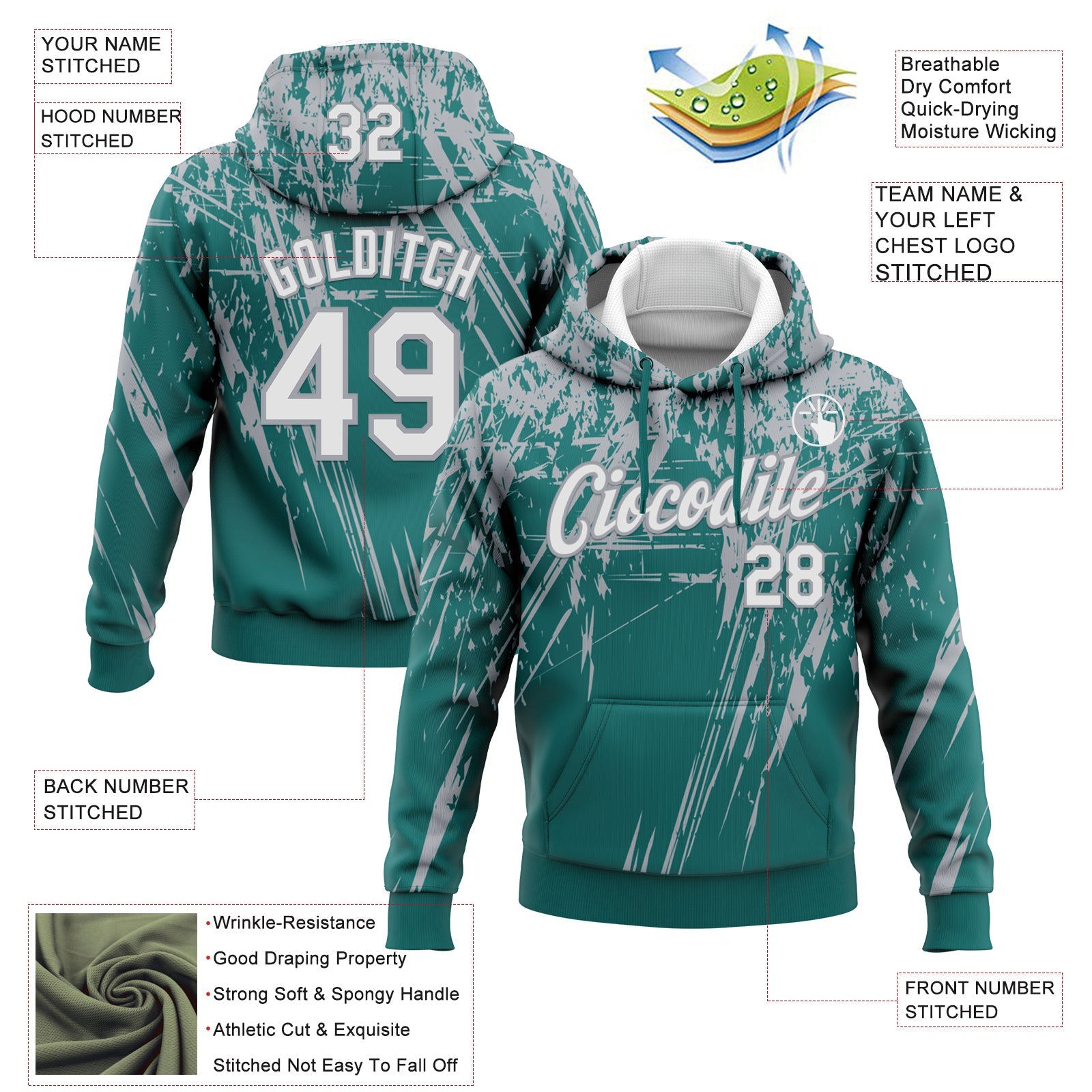 Custom Stitched Teal White-Gray 3D Pattern Design Splash Grunge Art Sports Pullover Sweatshirt Hoodie
