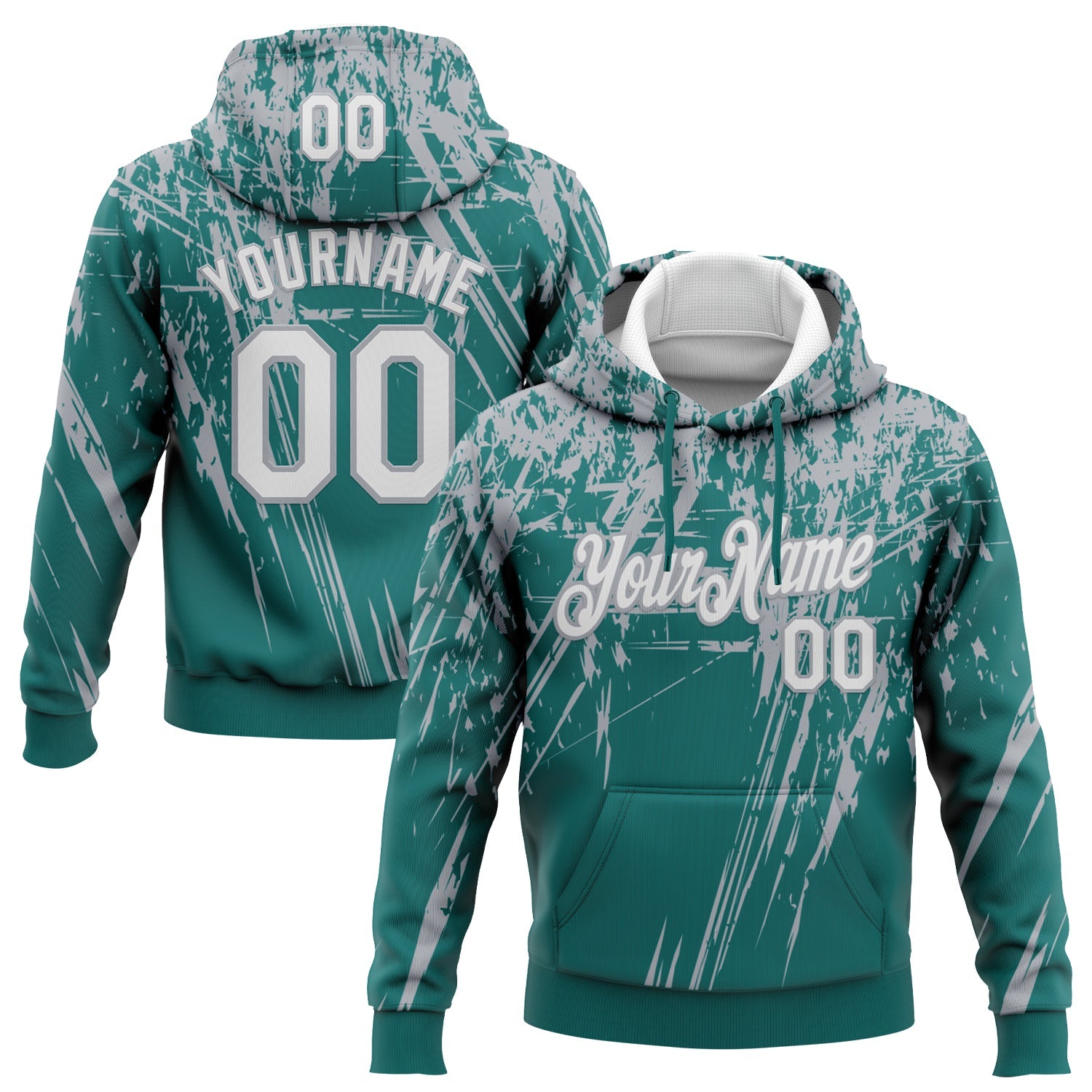 Custom Stitched Teal White-Gray 3D Pattern Design Splash Grunge Art Sports Pullover Sweatshirt Hoodie