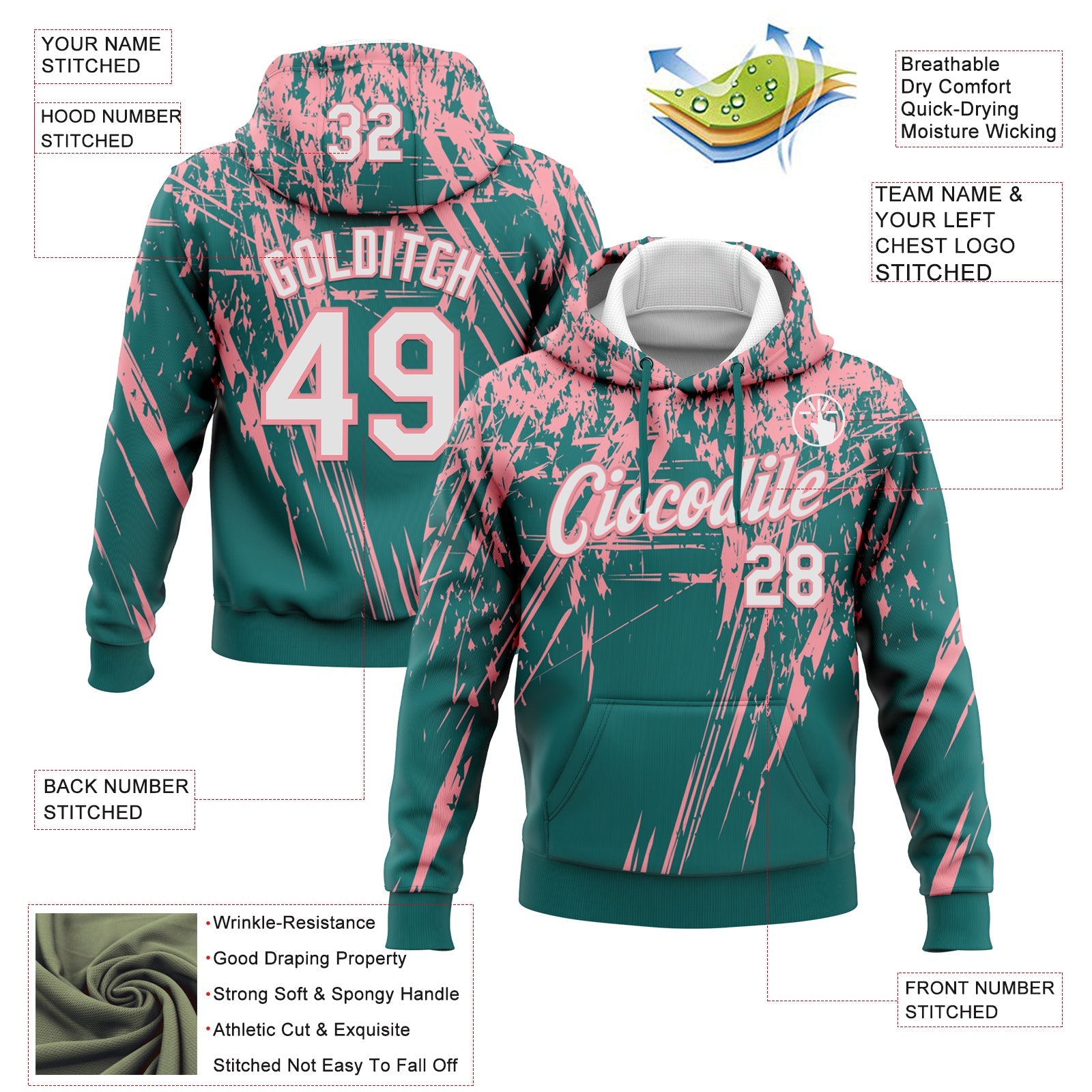Custom Stitched Teal White-Medium Pink 3D Pattern Design Splash Grunge Art Sports Pullover Sweatshirt Hoodie