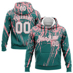 Custom Stitched Teal White-Medium Pink 3D Pattern Design Splash Grunge Art Sports Pullover Sweatshirt Hoodie
