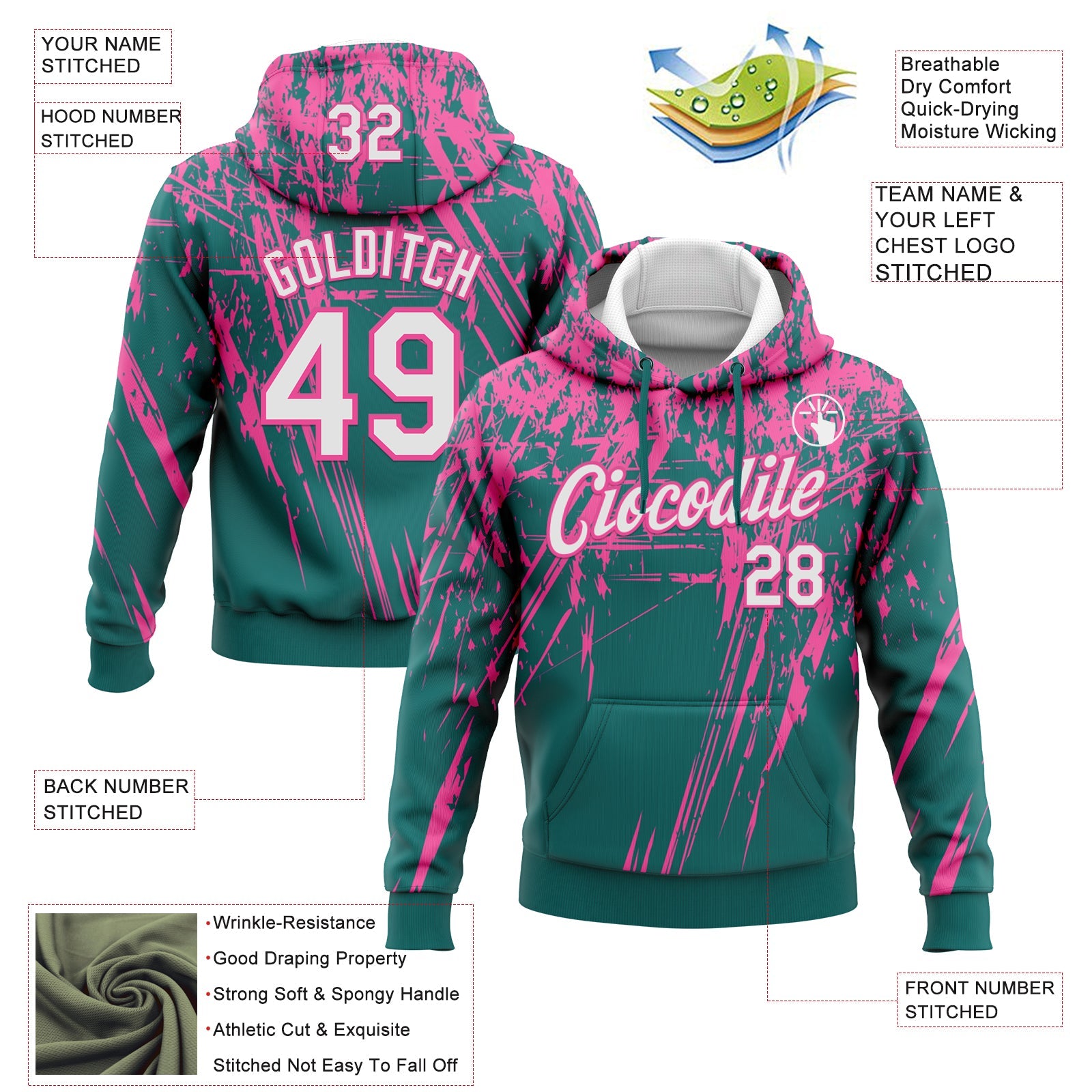 Custom Stitched Teal White-Pink 3D Pattern Design Splash Grunge Art Sports Pullover Sweatshirt Hoodie