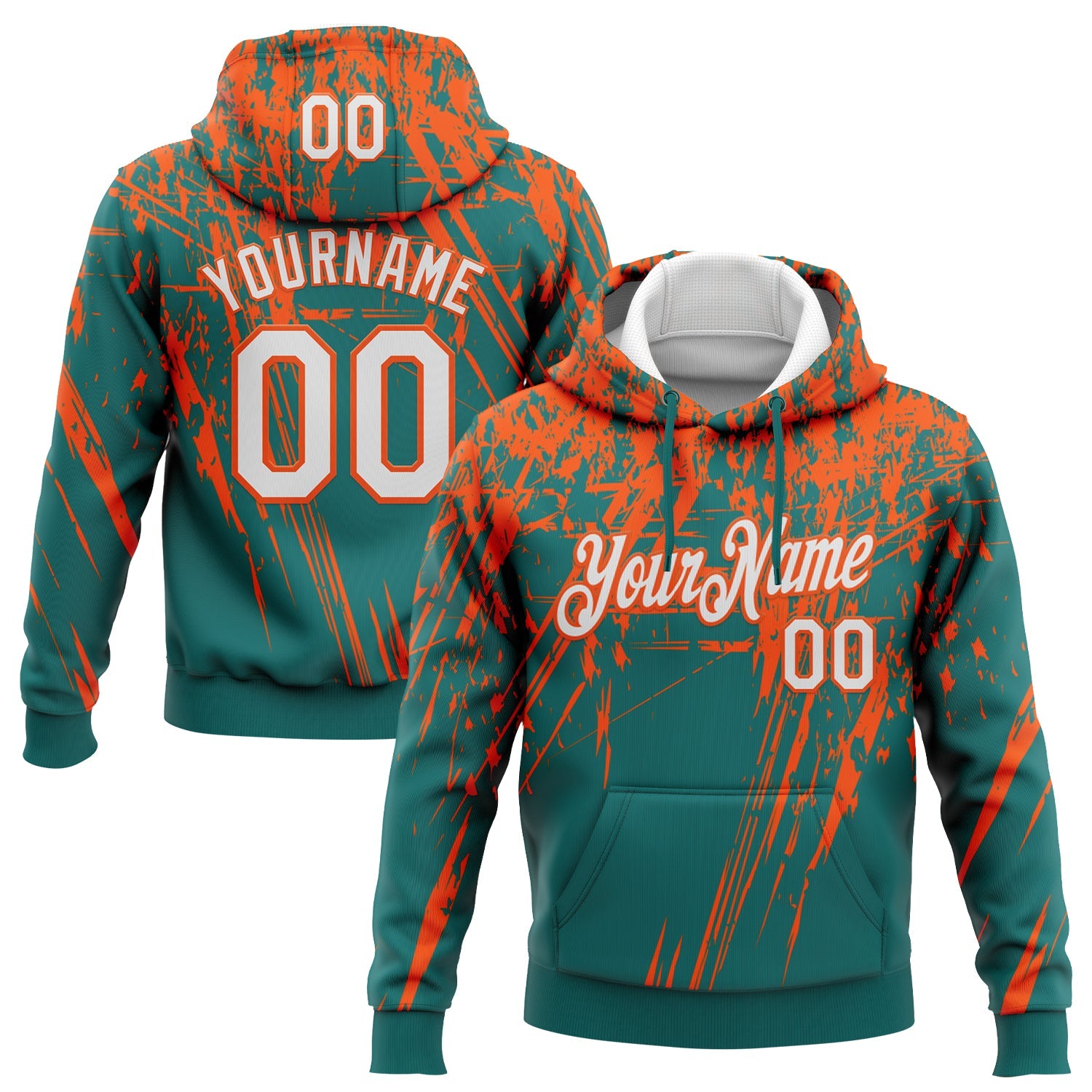 Custom Stitched Teal White-Orange 3D Pattern Design Splash Grunge Art Sports Pullover Sweatshirt Hoodie