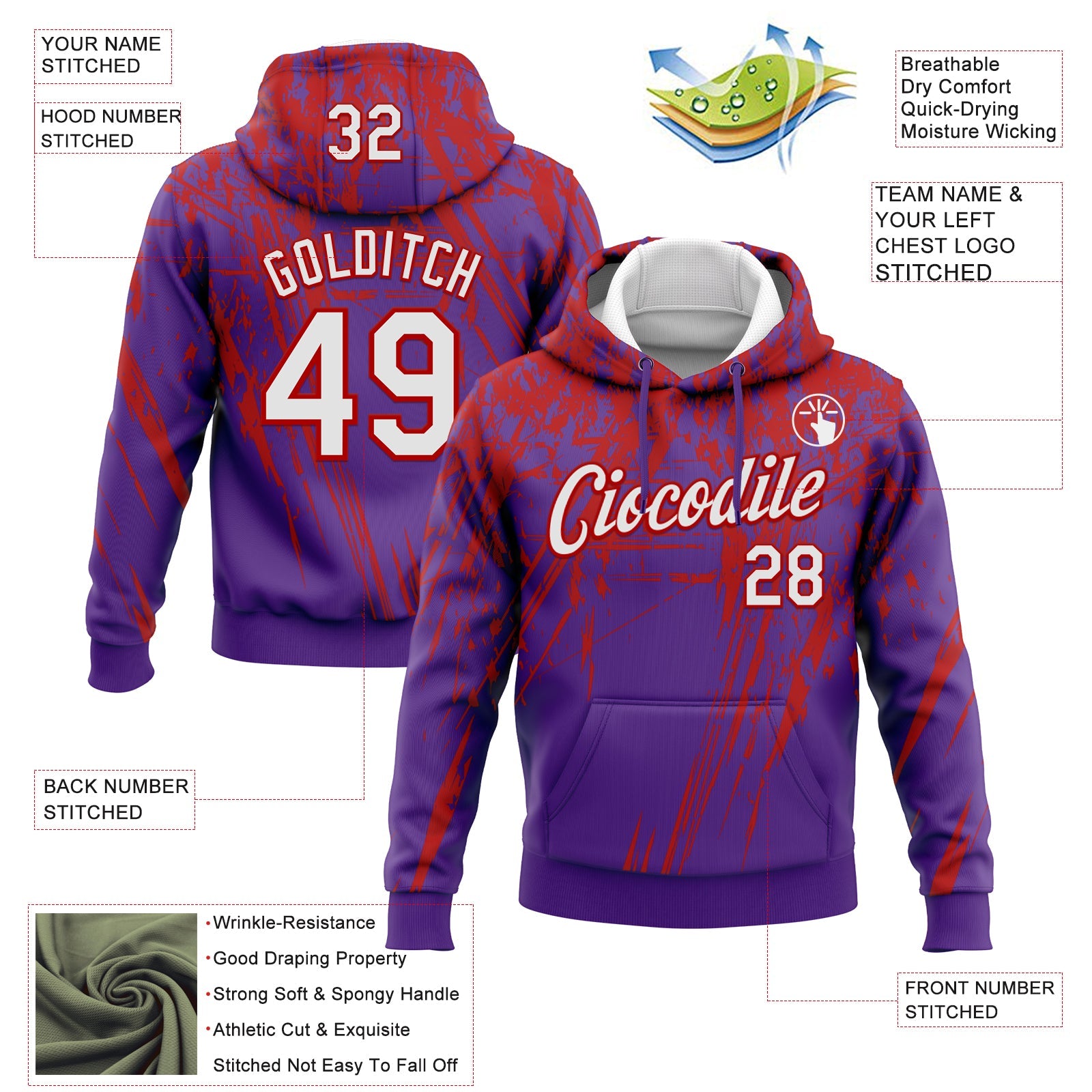 Custom Stitched Purple White-Red 3D Pattern Design Splash Grunge Art Sports Pullover Sweatshirt Hoodie