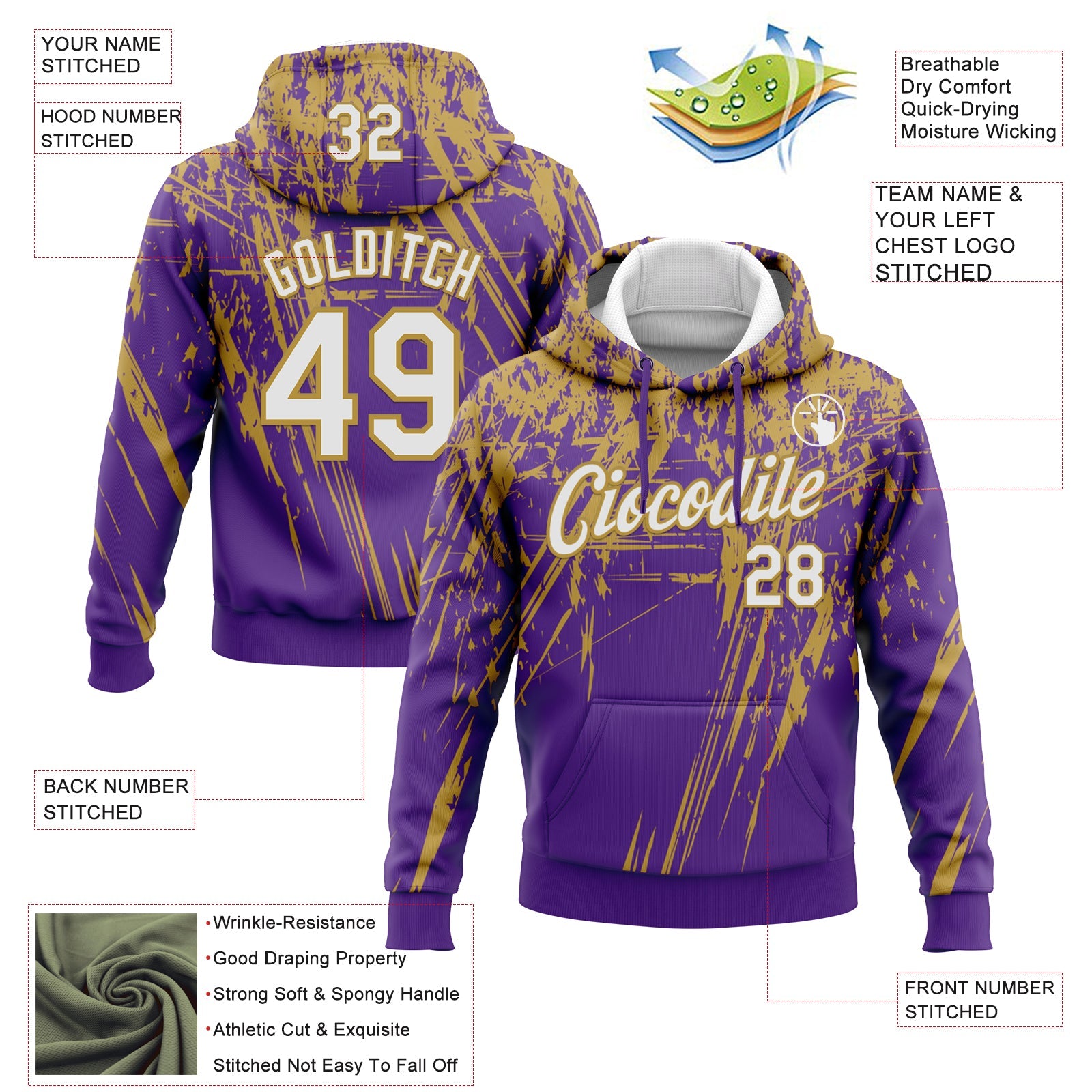 Custom Stitched Purple White-Old Gold 3D Pattern Design Splash Grunge Art Sports Pullover Sweatshirt Hoodie