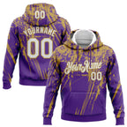 Custom Stitched Purple White-Old Gold 3D Pattern Design Splash Grunge Art Sports Pullover Sweatshirt Hoodie