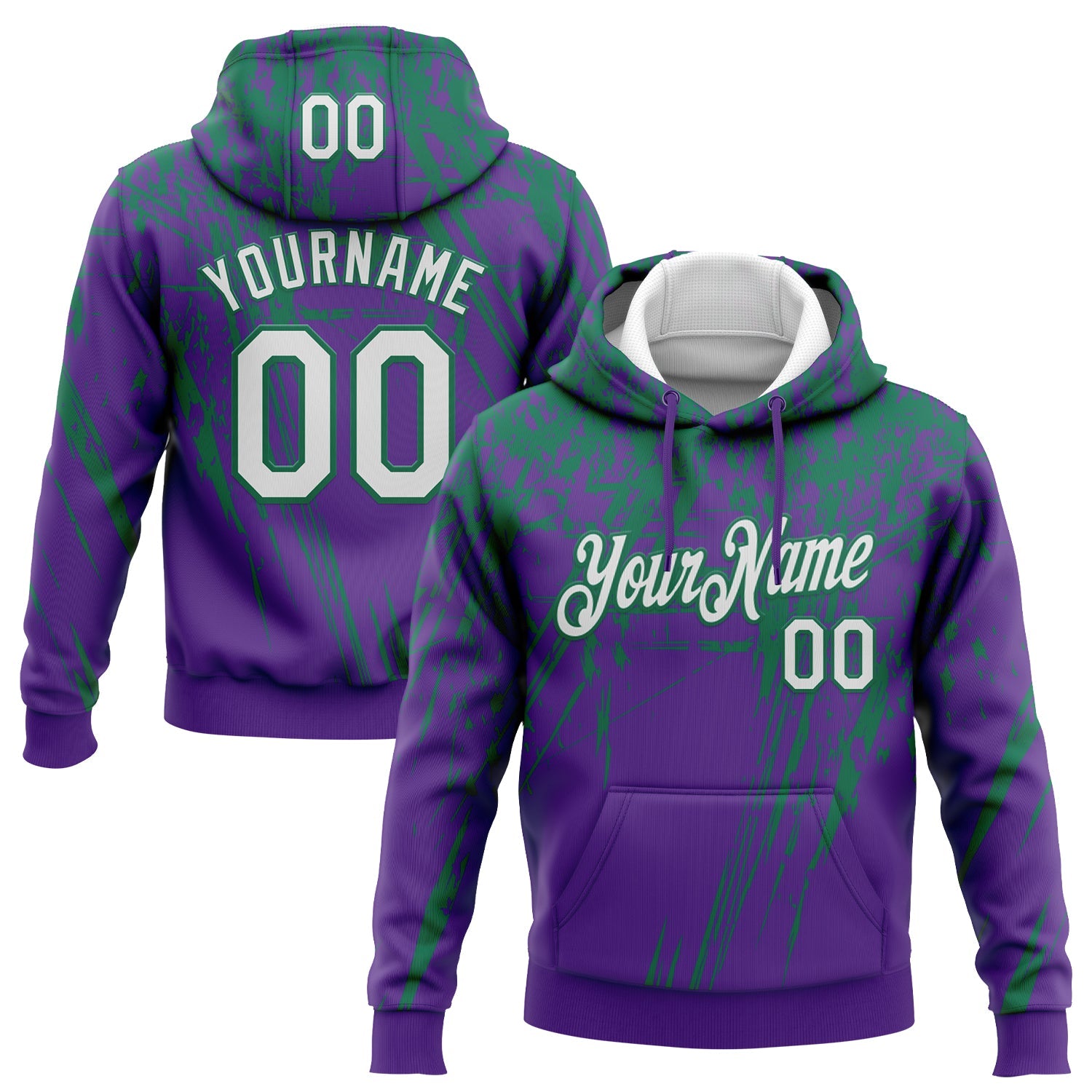 Custom Stitched Purple White-Kelly Green 3D Pattern Design Splash Grunge Art Sports Pullover Sweatshirt Hoodie