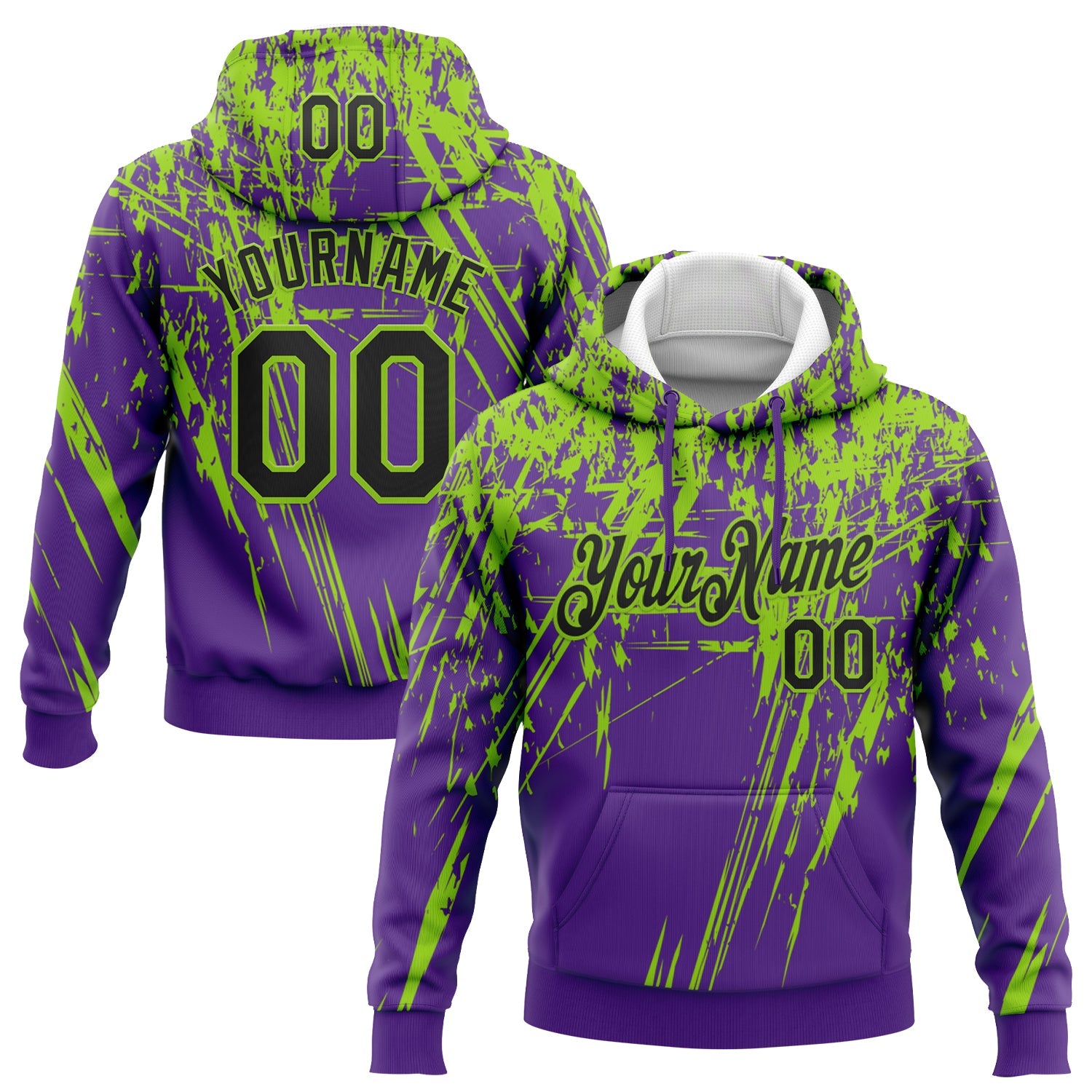 Custom Stitched Purple Black-Neon Green 3D Pattern Design Splash Grunge Art Sports Pullover Sweatshirt Hoodie