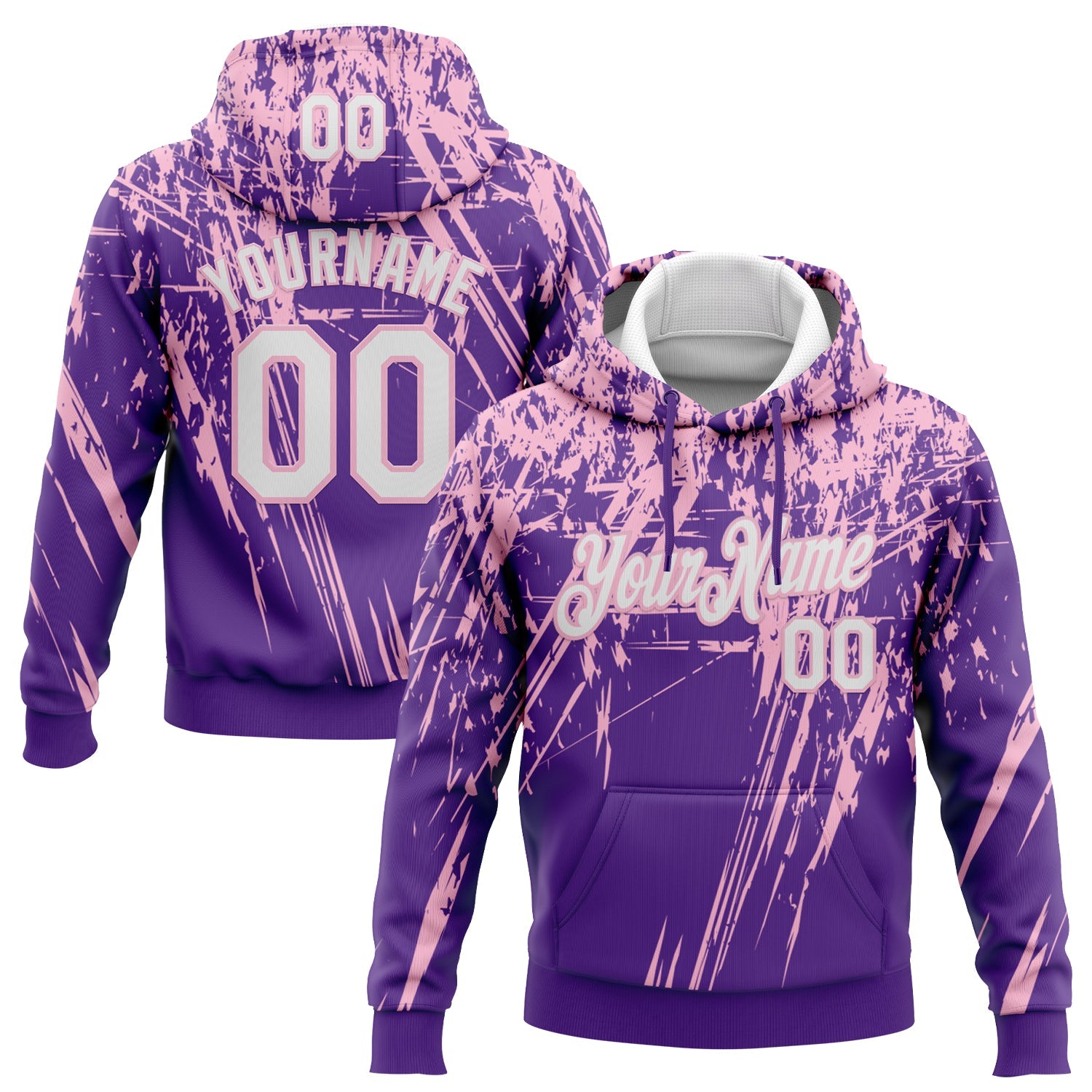 Custom Stitched Purple White-Light Pink 3D Pattern Design Splash Grunge Art Sports Pullover Sweatshirt Hoodie