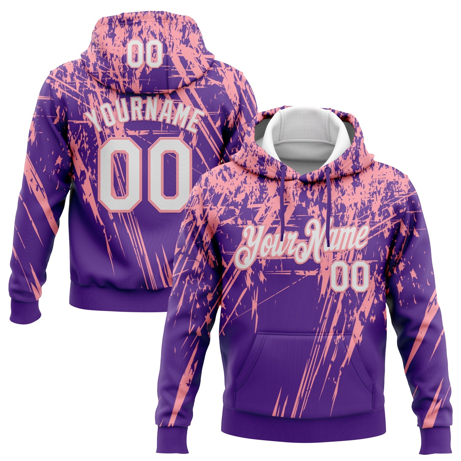 Custom Stitched Purple White-Medium Pink 3D Pattern Design Splash Grunge Art Sports Pullover Sweatshirt Hoodie