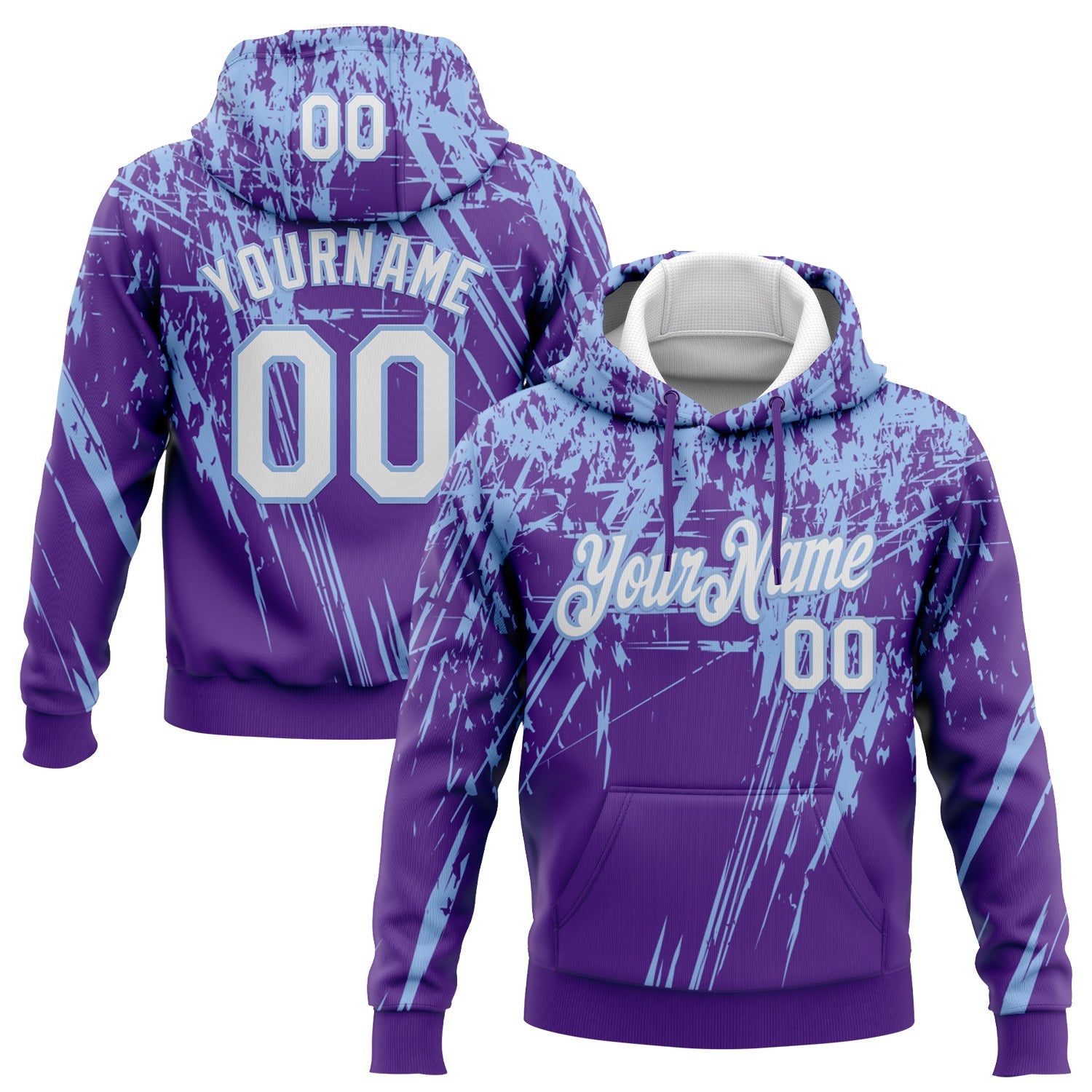 Custom Stitched Purple White-Light Blue 3D Pattern Design Splash Grunge Art Sports Pullover Sweatshirt Hoodie