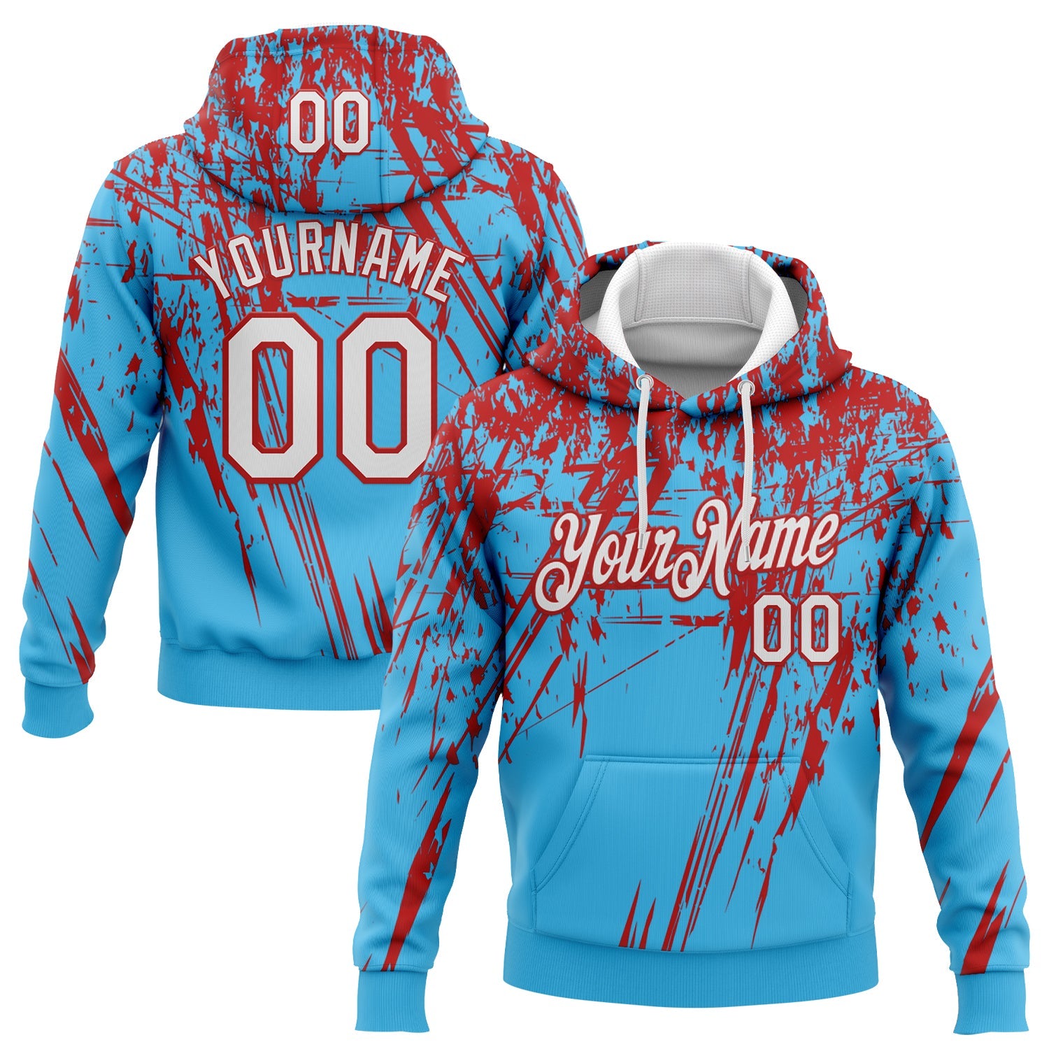 Custom Stitched Sky Blue White-Red 3D Pattern Design Splash Grunge Art Sports Pullover Sweatshirt Hoodie
