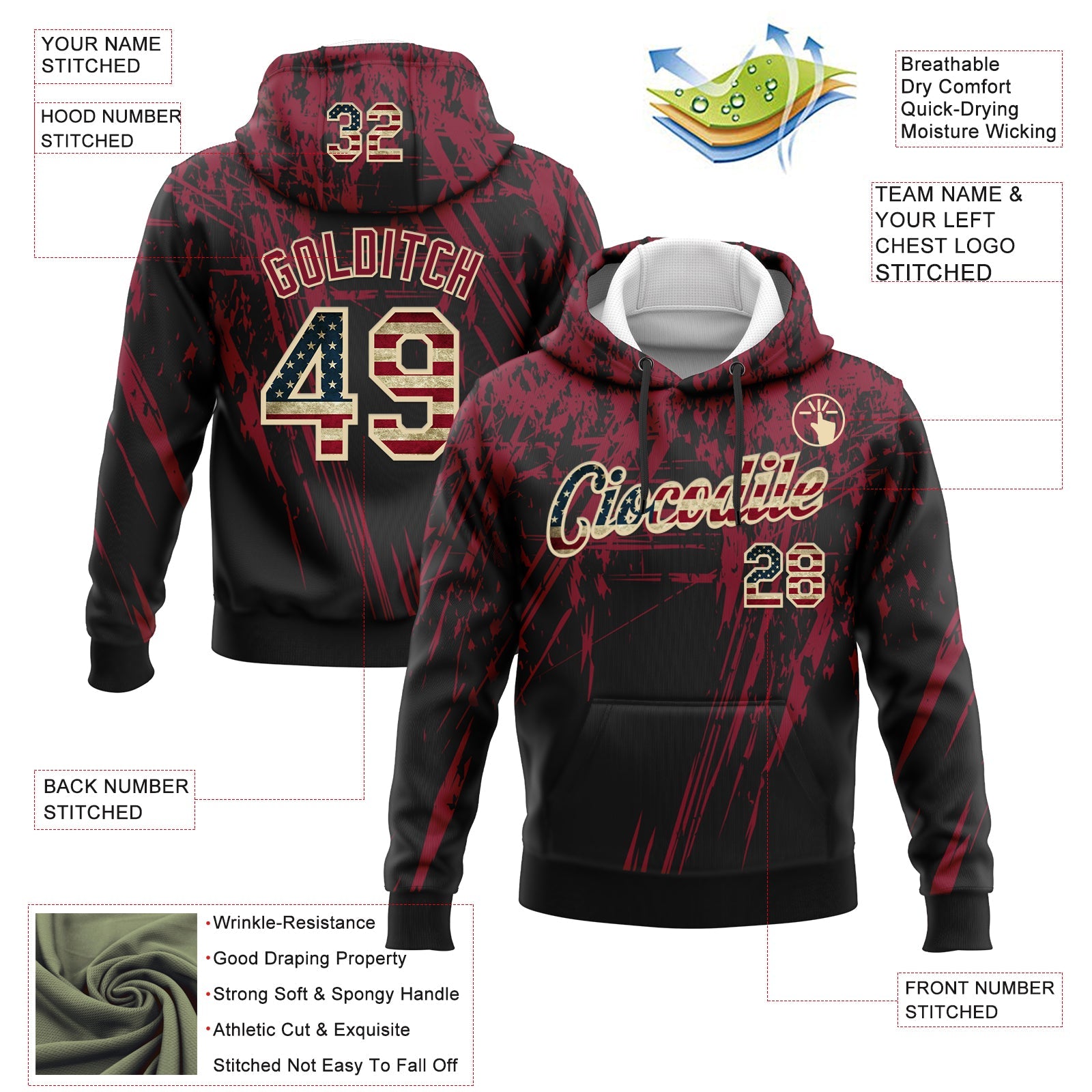 Custom Stitched Black Vintage USA Flag Crimson-Cream 3D Pattern Design Splash Grunge Art Sports Pullover Sweatshirt Hoodie